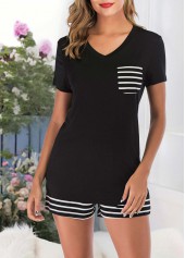 Black Striped Short Sleeve Lounge Top and Shorts | thumb picture 