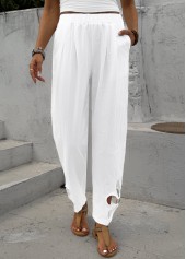 White Straight Leg Elastic Waist Mid Waisted Pants | thumb picture 