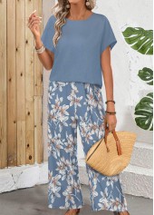 Blue Lightweight Floral Print Short Sleeve Top and Pants