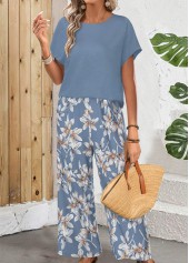 Blue Lightweight Floral Print Short Sleeve Top and Pants | thumb picture 