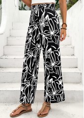 Black Random Floral Print Straight Leg Elastic Waist Pants