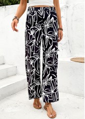 Black Random Floral Print Straight Leg Elastic Waist Pants