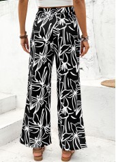 Black Random Floral Print Straight Leg Elastic Waist Pants