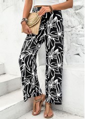 Black Random Floral Print Straight Leg Elastic Waist Pants