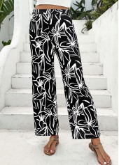 Black Random Floral Print Straight Leg Elastic Waist Pants
