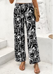 Black Random Floral Print Straight Leg Elastic Waist Pants