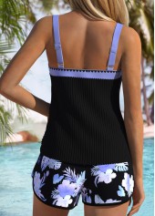 Contrast Binding Mid Waisted Floral Print Black Tankini Set | thumb picture 