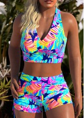 Three-piece Mid Waisted Leaf Print Royal Blue Tankini Set | thumb picture 