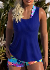 Three-piece Mid Waisted Leaf Print Royal Blue Tankini Set | thumb picture 