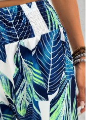 Peacock Blue Leaf Print Wide Leg Elastic Waist Pants | thumb picture 