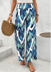 Peacock Blue Leaf Print Wide Leg Elastic Waist Pants | thumb picture 