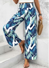 Peacock Blue Leaf Print Wide Leg Elastic Waist Pants | thumb picture 