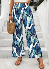 Peacock Blue Leaf Print Wide Leg Elastic Waist Pants