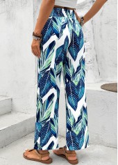 Peacock Blue Leaf Print Wide Leg Elastic Waist Pants | thumb picture 