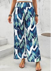 Peacock Blue Leaf Print Wide Leg Elastic Waist Pants | thumb picture 
