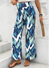 Peacock Blue Leaf Print Wide Leg Elastic Waist Pants | thumb picture 