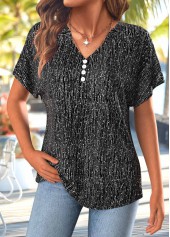 Black Button Short Sleeve Split Neck T Shirt