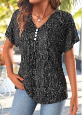 Black Button Short Sleeve Split Neck T Shirt | thumb picture 