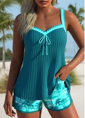 Tie Mid Waisted Tropical Plants Print Turquoise Tankini Set