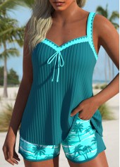 Tie Mid Waisted Tropical Plants Print Turquoise Tankini Set | thumb picture 