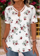 White Floral Print Short Sleeve V Neck T Shirt