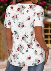 White Floral Print Short Sleeve V Neck T Shirt