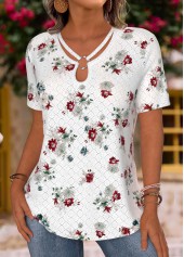 White Floral Print Short Sleeve V Neck T Shirt