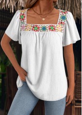Raw White Patchwork Short Sleeve Square Neck T Shirt