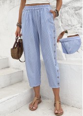 Light Blue Striped Straight Leg Elastic Waist Pants