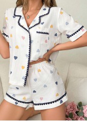 White Heart Print Short Sleeve Lounge Top and Shorts