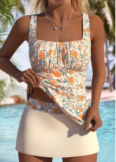 Mid Waisted Floral Print Beige Tankini Set
