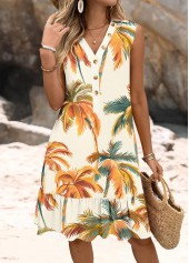 Beige Tropical Plants Print A Line Sleeveless Dress