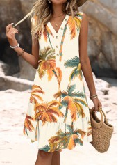 Beige Tropical Plants Print A Line Sleeveless Dress | thumb picture 
