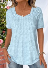 Light Blue Jacquard Short Sleeve Heart Collar T Shirt