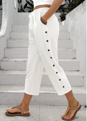 White Straight Leg Elastic Waist High Waisted Pants