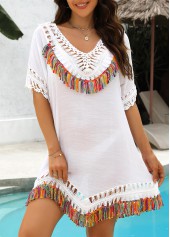 White Patchwork Tassel V Neck Cover Up