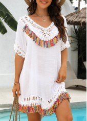 White Patchwork Tassel V Neck Cover Up | thumb picture 