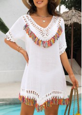 White Patchwork Tassel V Neck Cover Up | thumb picture 