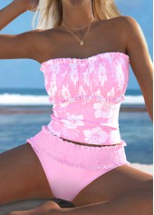Smocked Mid Waisted Floral Print Light Pink Tankini Set