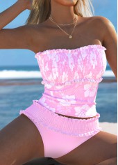 Smocked Mid Waisted Floral Print Light Pink Tankini Set | thumb picture 