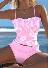 Smocked Mid Waisted Floral Print Light Pink Tankini Set | thumb picture 