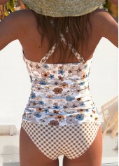Ruched Mid Waisted Floral Print Light Coffee Tankini Set | thumb picture 