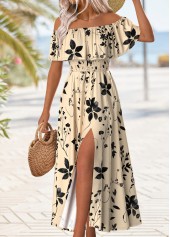 Beige Floral Print Maxi Sleeveless Off Shoulder Dress