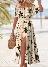 Beige Floral Print Maxi Sleeveless Off Shoulder Dress | thumb picture 