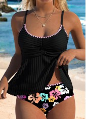 Contrast Binding Mid Waisted Floral Print Black Tankini Set | thumb picture 