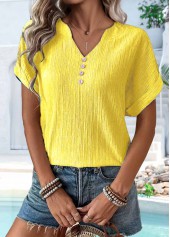 Yellow Button Short Sleeve Split Neck T Shirt | thumb picture 