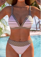 Contrast Binding Mid Waisted Geometric Print Pink Bikini Set
