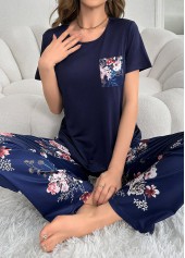 Navy Floral Print Short Sleeve Lounge Top and Pants
