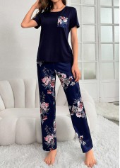 Navy Floral Print Short Sleeve Lounge Top and Pants | thumb picture 