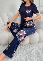 Navy Floral Print Short Sleeve Lounge Top and Pants | thumb picture 